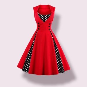 Vintage Midi Dress Sleeveless Red with Polka Dot Inserts Small Retro